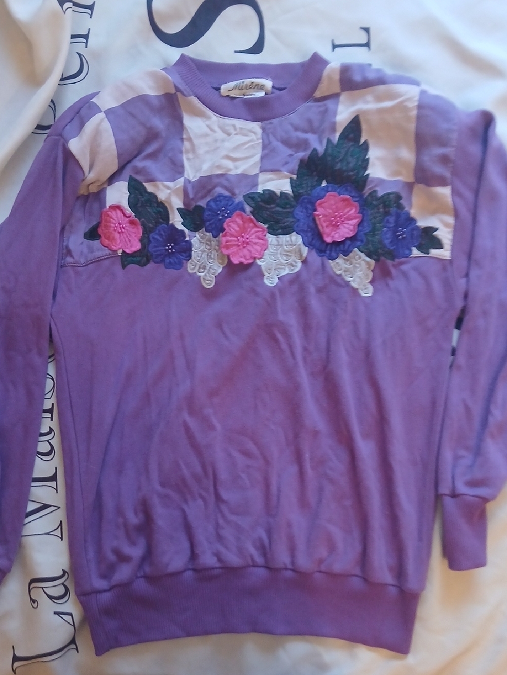 Vintage Purple Floral Appliqué Crewneck Sweatshirt M